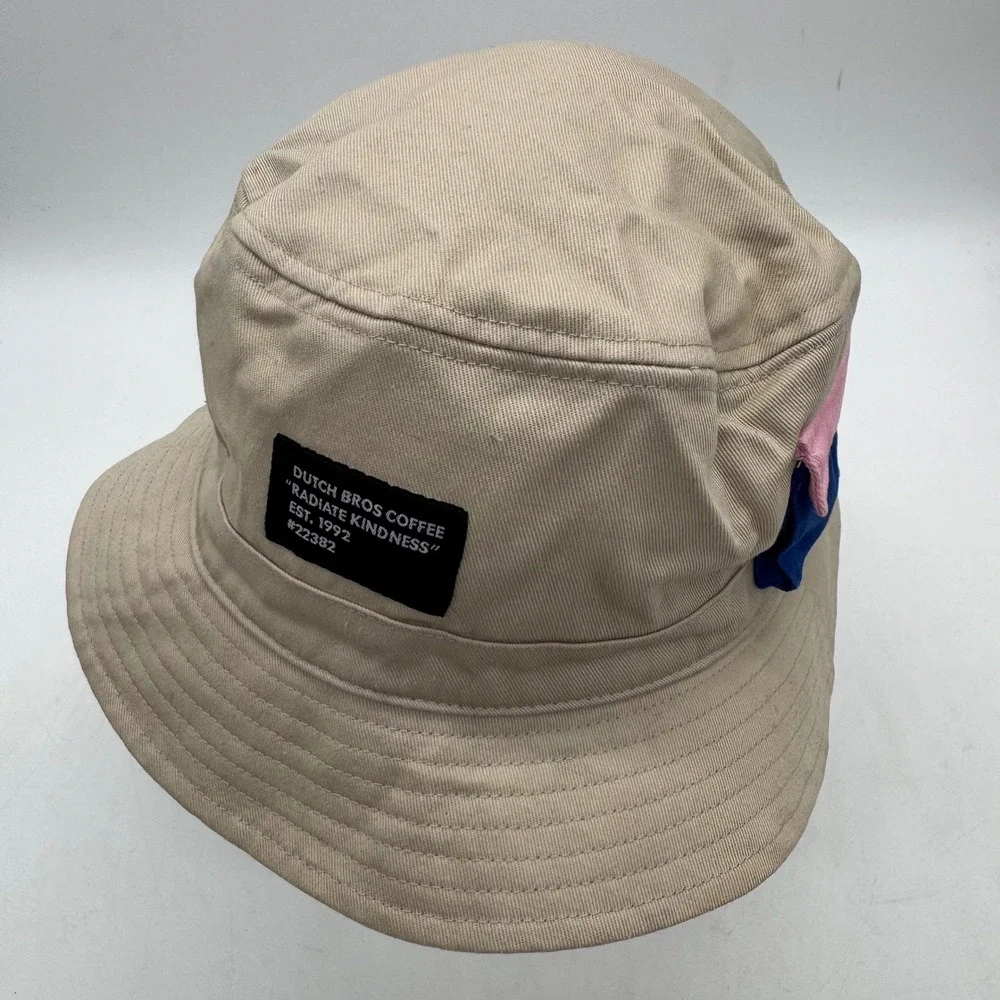 Dutch‎ Bros Coffee Radiate Kindness Bucket Hat Tan Pink Blue Cotton OS